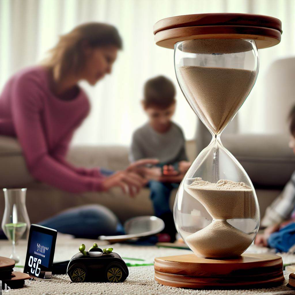 Family living room setting. In the foreground, a large hourglass is almost empty, symbolizing limited time. Nearby, a young child is playfully interacting with traditional toys, while a tablet and smartphone are set aside, their screens dim. In the background, parents are engaging in activities with another child, emphasizing real-world interaction. The title, 'How to Set Limits on Your Kids Screen Time', appears boldly above the scene, with a soft, contrasting gradient background emphasizing the harmony between technology and play.